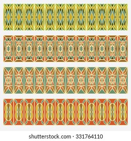 Set of belt geometric patterns in vintage style. Useful for frame  or border decoration of a leaflet, flyer, poster, dinner card, drink card.