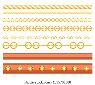 Set of belt leather and metal elements. Chain and braided design. Flat vector illustration on white background. Strap for belt or hand watches.