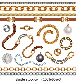 Set with belts and gold and silver chains for fabric design, wallpapers, prints. Isolated vector illustration with metallic accessories.