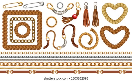 Set with belts and gold and silver chains, fringe for fabric design, wallpapers, prints. Isolated vector illustration with metallic accessories.
