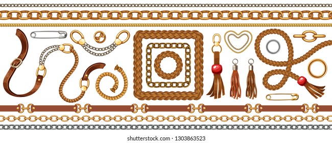 Set with belts and gold and silver chains, fringe for fabric design, wallpapers, prints. Isolated vector illustration with metallic accessories.