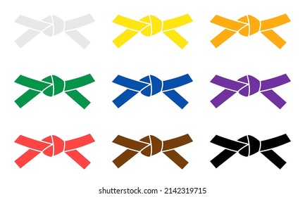 Set with belts karate on white background. Full Collection of martial arts belts. Vector 10 EPS.