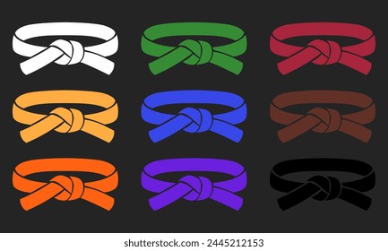 Set with belts karate on white background. Full Collection of martial arts belts