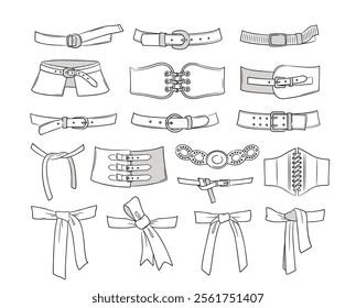 Set of belts. Linear symbols and icons with waistband and drawstrings to emphasize waist on dresses, tops and blouses. Stylish accessory. Outline vector illustration collection isolated on background