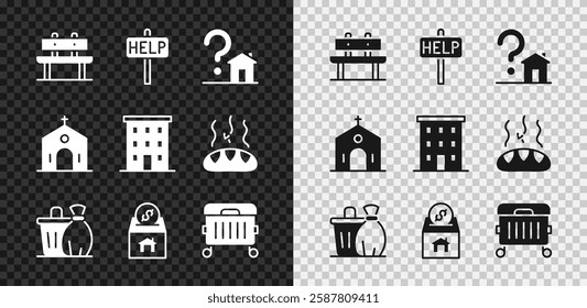 Set Bench, Ask for help text, House with question mark, Trash can, Donation and charity, Church building and Multi storey icon. Vector