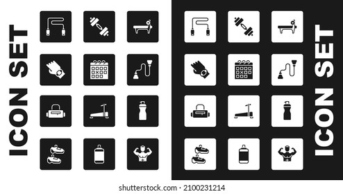 Set Bench with barbel, Calendar fitness, Smart watch on hand, Jump rope, Chest expander, Dumbbell, Fitness shaker and Sport bag icon. Vector