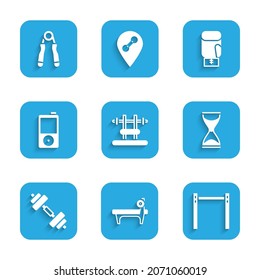 Set Bench with barbel, Horizontal, Old hourglass, Dumbbell, Music player, Boxing glove and Sport expander icon. Vector
