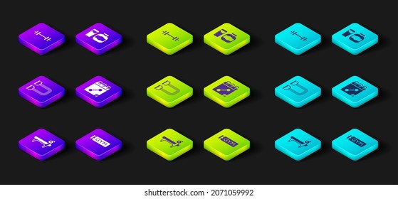 Set Bench with barbel, Location gym, Chest expander, Calendar fitness, Sports nutrition and Barbell icon. Vector