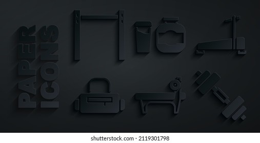 Set Bench with barbel, Treadmill machine, Sport bag, Dumbbell, Sports nutrition and Horizontal icon. Vector