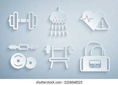 Set Bench with barbell, Heart rate, Barbell, Sport bag, Shower and Dumbbell icon. Vector