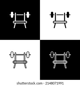 Set Bench with barbell icon isolated on black and white background. Gym equipment. Bodybuilding, powerlifting, fitness concept. Vector