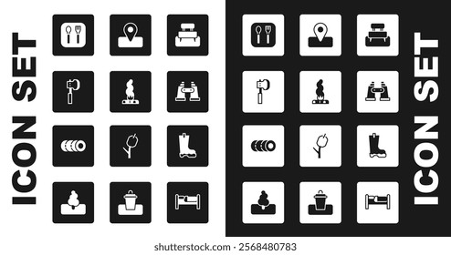 Set Bench, Campfire, Wooden axe, Fork and spoon, Binoculars, Location for camping, Waterproof rubber boot and Blanket roll icon. Vector