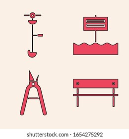 Set Bench, Grass and weed electric string trimmer, Blank wooden sign board and Gardening handmade scissors icon. Vector
