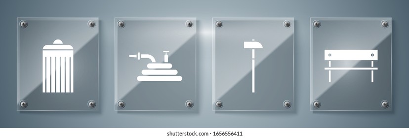 Set Bench, Hammer, Garden hose or fire hose and Trash can. Square glass panels. Vector