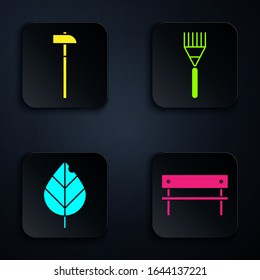 Set Bench, Hammer, Leaf and Garden rake. Black square button. Vector