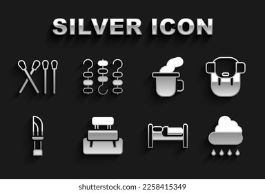Set Bench, Hiking backpack, Cloud with rain, Bed, Knife, Cup of tea, Match stick and Grilled shish kebab on skewer icon. Vector