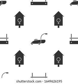 Set Bench, Lawn mower and Retro wall watch on seamless pattern. Vector