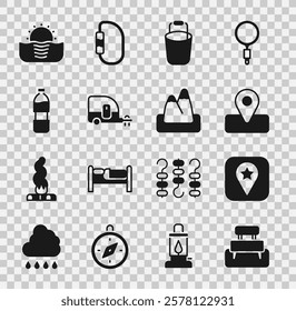 Set Bench, Location for camping, Bucket, Rv Camping trailer, Bottle of water, Sunrise and Mountains icon. Vector