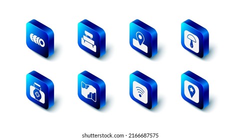 Set Bench, Location for camping, Mushroom, Wi-Fi wireless internet, Camping and hiking map, First aid kit and Blanket roll icon. Vector