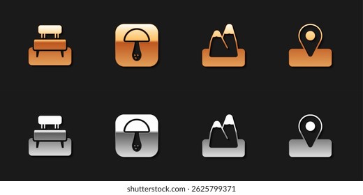 Set Bench, Mushroom, Mountains and Location for camping icon. Vector