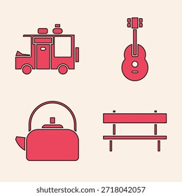 Set Bench, Rv Camping trailer, Guitar and Kettle with handle icon. Vector