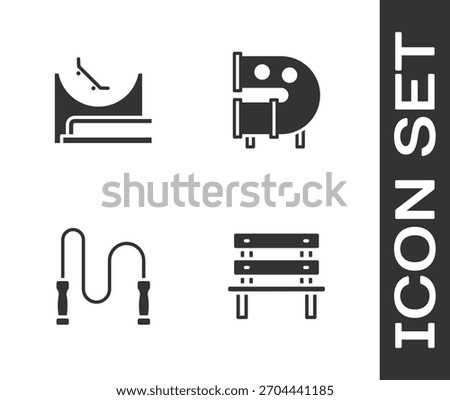 Set Bench, Skate park, Jump rope and Kid playground slide pipe icon. Vector
