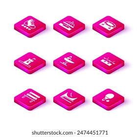 Set Bench, Skate park, Sand tower, Swing boat, Racket ball, Seesaw, Jumping trampoline and Attraction carousel icon. Vector