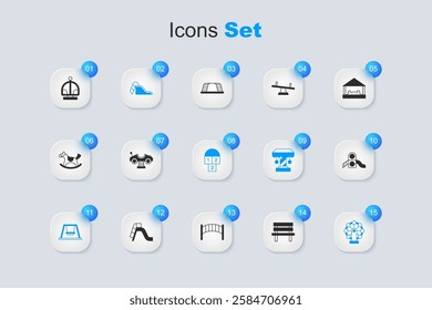 Set Bench, Swing car, Slide playground, for kids, Ferris wheel, Attraction carousel and Hopscotch icon. Vector