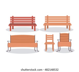 Set of Bench wood chairs. Park theme. Colorful design. Vector illustration