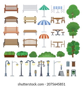 Set of benches, coffee tables, chairs, bushes, trees, street lamps and other urban decor in flat style