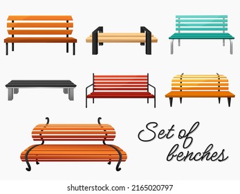 Reihe von Bänken in verschiedenen Farben. moderne Bänke