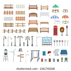 Set of benches, fences, litter bins, street lamps and other city decor in flat style