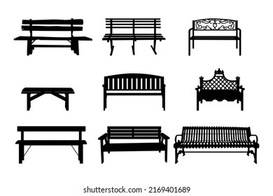 Set of benches icon. Outdoor, garden or park bench silhouettes collection. City wooden, metal and iron furniture for summer recreation. Urban landscape seat for rest public places. Vector illustration