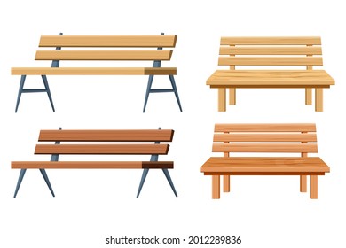 Set of benches, park or garden decorations in cartoon style isolated on white background, wooden detailed and textured collection, different view