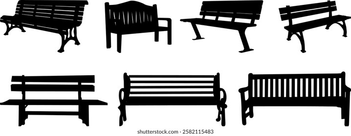 set of benches silhouette on white background vector