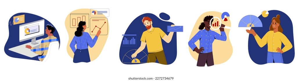 Set of benchmark. Comparing business process, indicator, performance metrics to bests. KPI of workers and measuring of employees. Cartoon flat vector illustrations isolated on white background