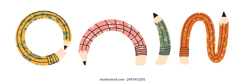 A set of bendable art pencils with texture. School or office vector hand draw icons