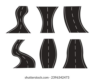 Conjunto de carreteras en curva y autopistas aisladas sobre fondo blanco. Logo, icono, pegatina, camino de señas. Ilustración plana vectorial.
