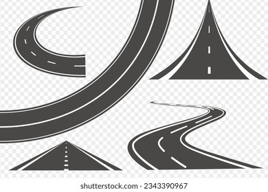 Conjunto de carreteras en curva e ilustraciones de vectores de autopistas. Calle, carretera sinuosa aislada. Carretera con líneas blancas