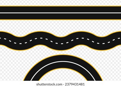 Set of Bending roads and highways vector illustrations. Road, winding highway isolated. Road with white lines