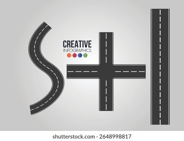 Set of Bending roads and highways vector illustrations. Road, winding highway isolated. Road with white lines.