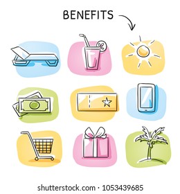 Set with benefits and bonus reward icons, holiday and shopping voucher, as money bills, gift, phone, palm and cart. Hand drawn sketch vector illustration, blue marker coloring on single colored tiles.