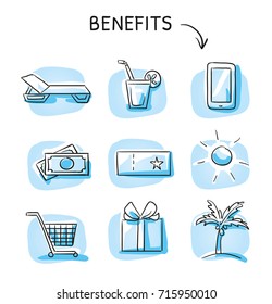 Set with benefits and bonus reward icons, holiday and shopping voucher, as money bills, gift, phone, palm and cart. Hand drawn sketch vector illustration, blue marker coloring on single blue tiles.