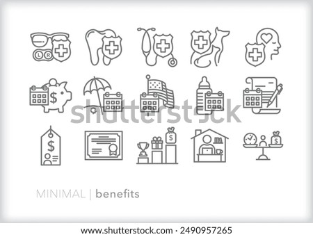 Set of benefits line icons of insurance, compensation, and rewards of full-time employees and staff