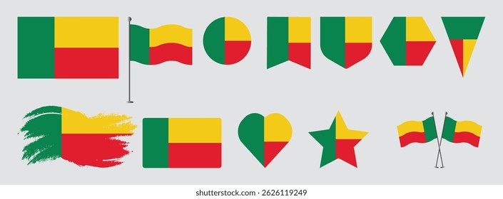 Set of Benin flag .national flag vector design set  with popular shapes and brush. Benin flag vector illustration
