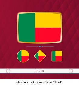 Juego de banderas Benín con marco dorado para uso en eventos deportivos sobre un fondo burdeos y abstracto. Colección vectorial de banderas.