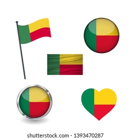 Set of benin flags, waving, buttons with different shapes. collection of label, stickers, heart, badge, flagpole on design element. isolated on white background.