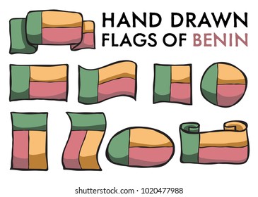 Set of Benin Hand Drawn / Doodled  National Flags. High-Quality Vector Illustration. Grouped, Ready To Use!