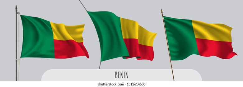 Set of Benin waving flag on isolated background vector illustration. 3 yellow red wavy realistic flag as a patriotic symbol 