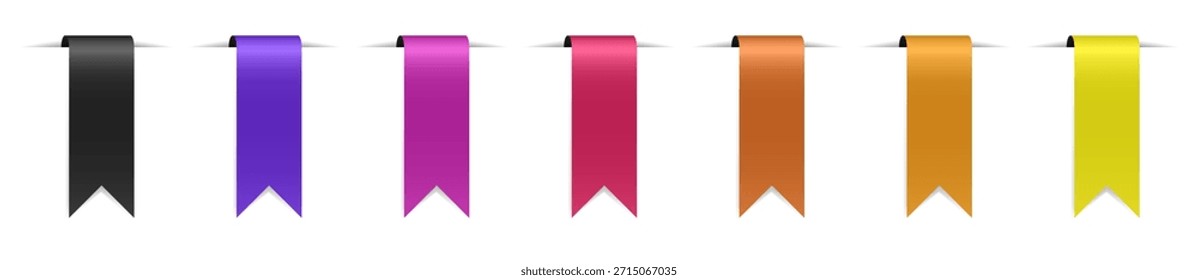Satz von gebogenen Lesezeichen mit Schatten. Papierstreifen zum Markieren von Seiten. Mehrfarbige Etiketten. Flag-Form